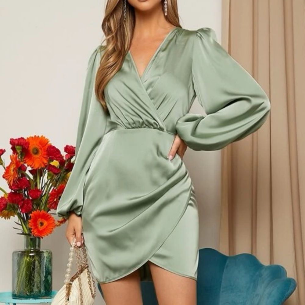 Luxe lantern sleeve wrap satin dress